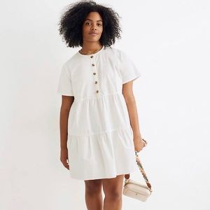 Button-Front Short-Sleeve Tiered Mini Dress